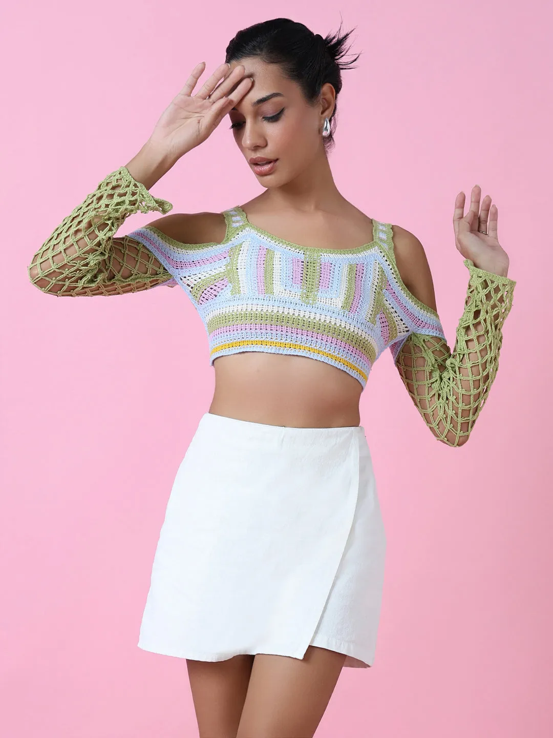 Women Green Cold-Shoulder Crochet Blouson Crop Top