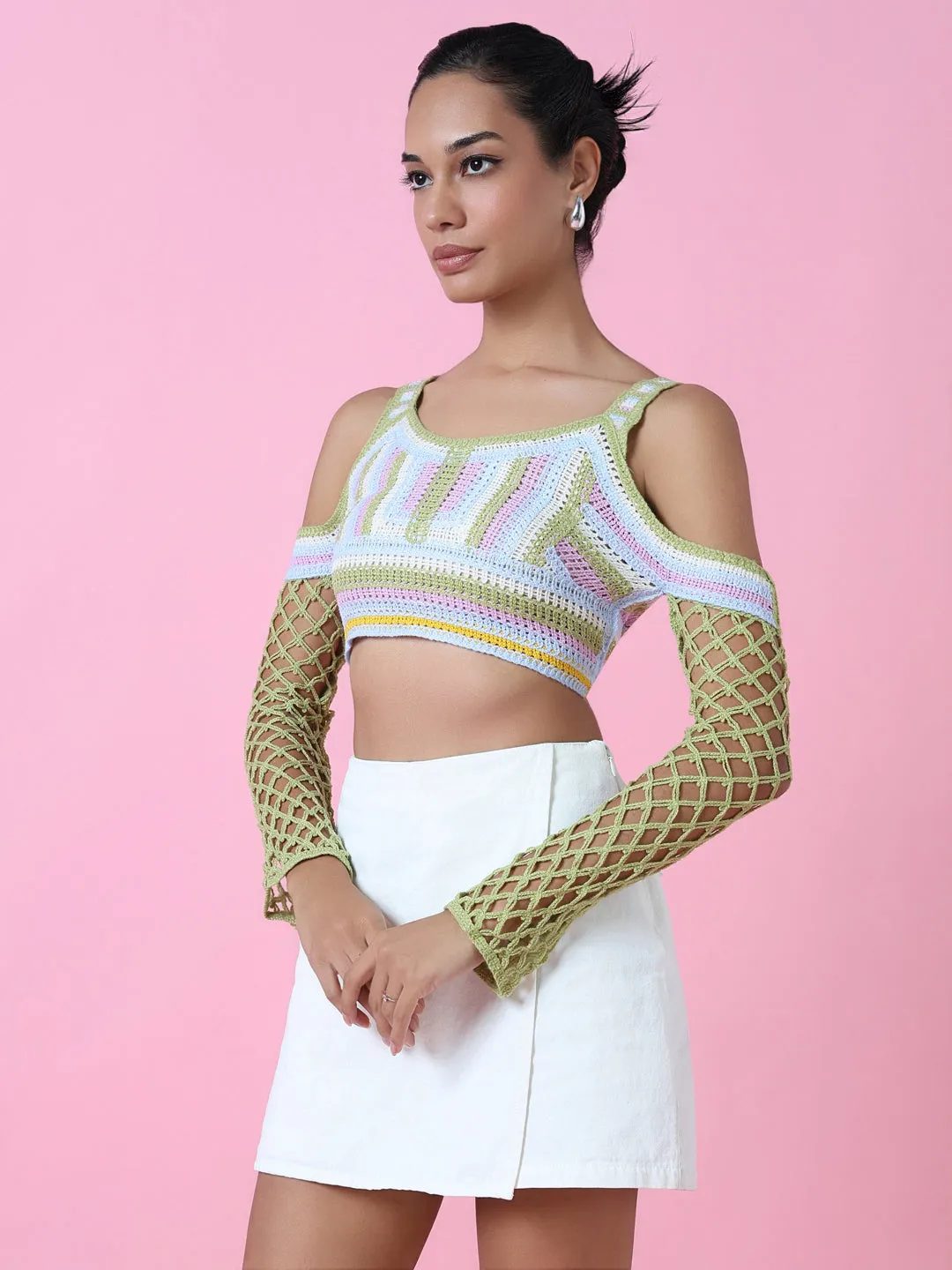 Women Green Cold-Shoulder Crochet Blouson Crop Top
