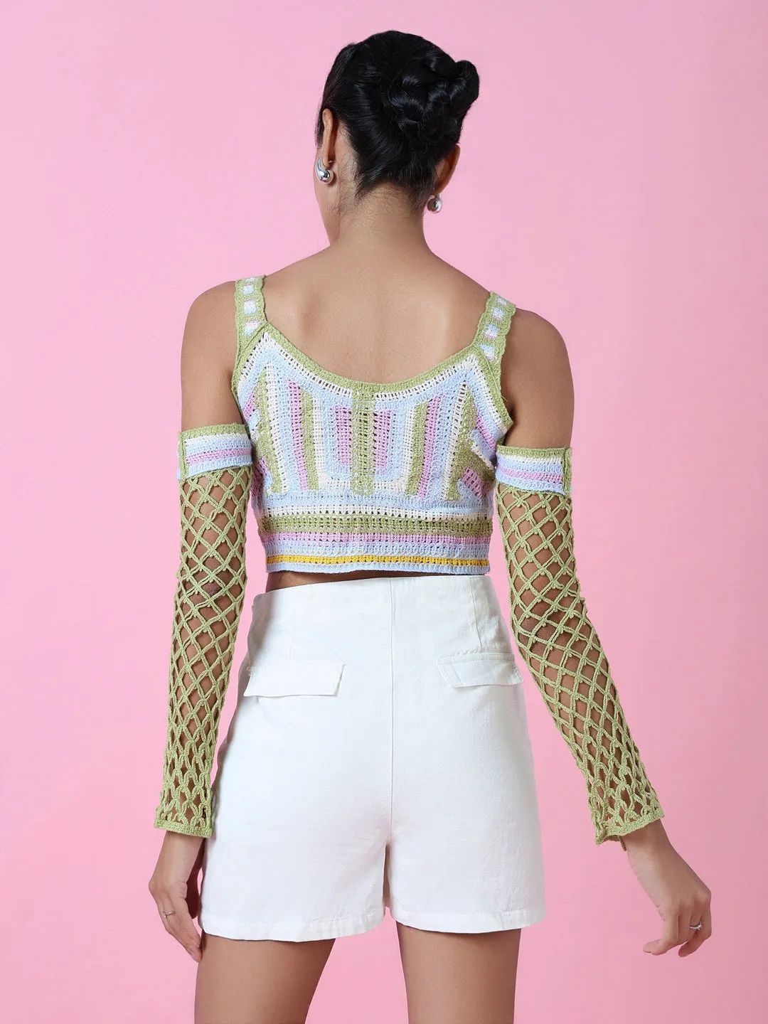 Women Green Cold-Shoulder Crochet Blouson Crop Top